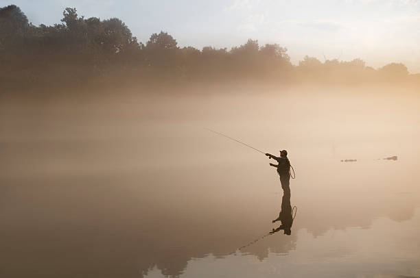 Flyfisherman in the Fog  fly fishing stock pictures, royalty-free photos & images