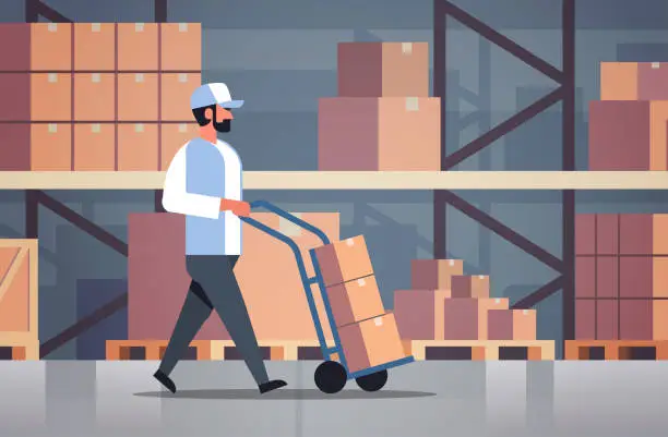 Vector illustration of delivery man rolling cardboard box cargo trolley pushcart courier carrying parcels on hand truck warehouse room interior male cartoon character flat horizontal