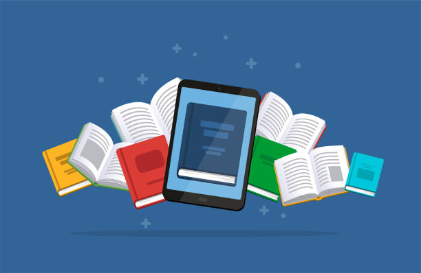 tablet mit der fliegenden bücher auf dem hintergrund. - e book reader stock-grafiken, -clipart, -cartoons und -symbole