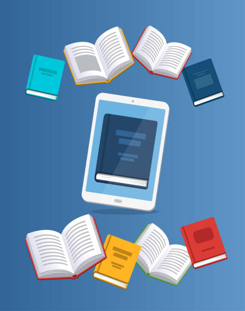 Tablet with the flying books on the background. Modern online education concept. Home education. College homework. Studying at home with computer.
Computer courses process and ebooks reading. Resources library. coach background stock illustrations