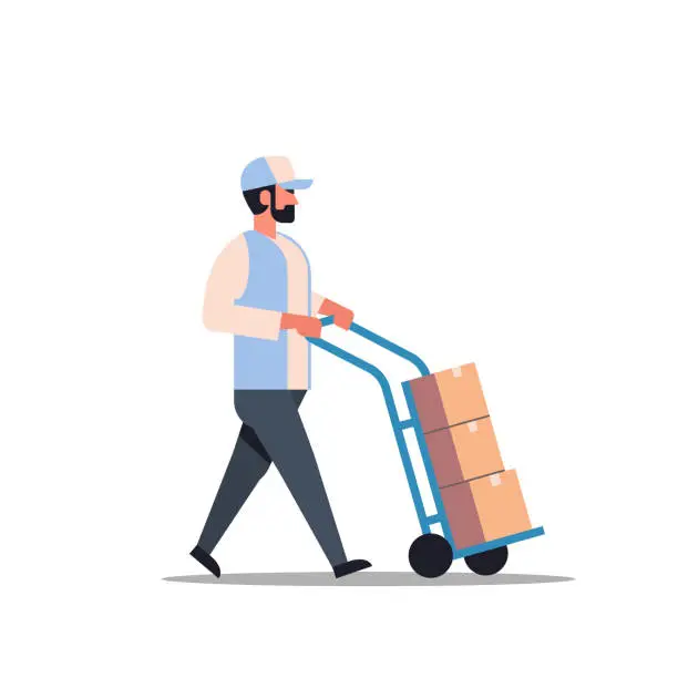 Vector illustration of delivery man rolling cardboard box cargo trolley pushcart courier carrying parcels on hand truck warehouse worker male cartoon character full length flat isolated