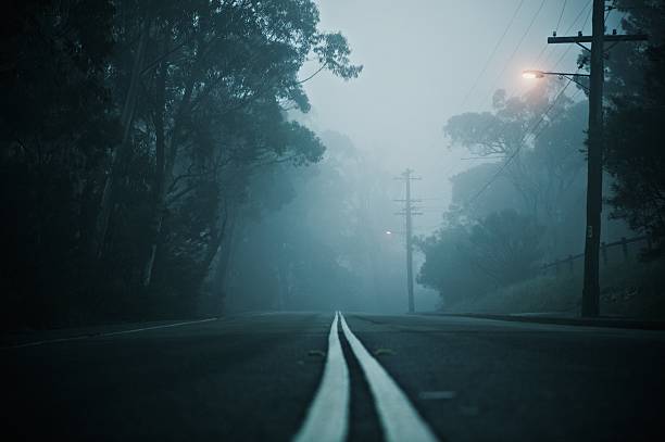 solitario unità - fog road spooky mist foto e immagini stock