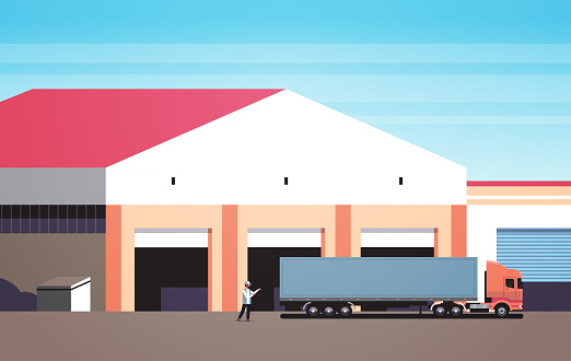 man help big semi truck drive into warehouse parking lots loading ramp logistic center storage exterior horizontal flat vector illustration