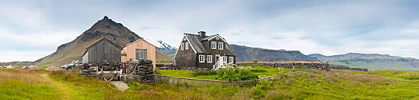 Viking's village and wooden houses near Vestrahorn mountains, Hofn, Iceland