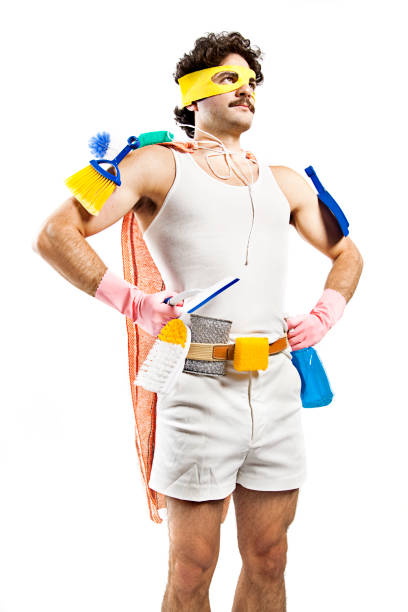 Man Wearing Superhero Mask and Cleaning Supplies with Cape  toilet brush photos stock pictures, royalty-free photos & images