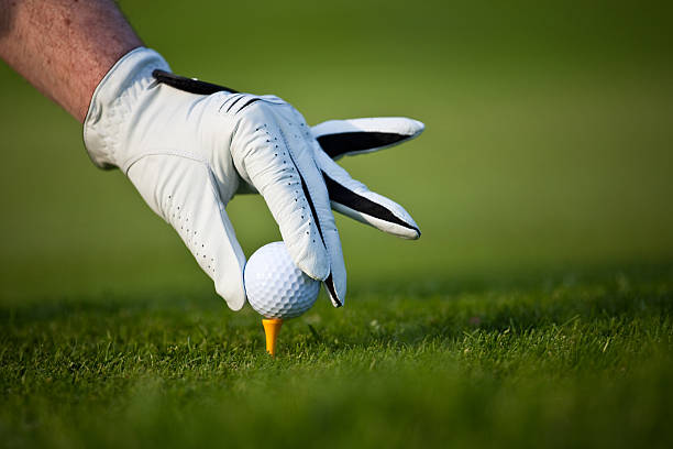 Man's Hand Wearing Glove Placing Golf Ball on Tee  golf glove stock pictures, royalty-free photos & images