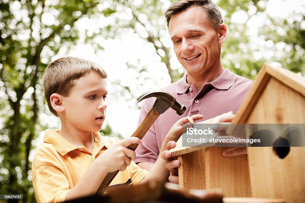 Père et fils construisant Cabane à oiseaux - Photo de Cabane à oiseaux libre de droits