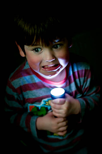 istock Little Boy Holding Flashlight Up to Face, Low Key 108274179