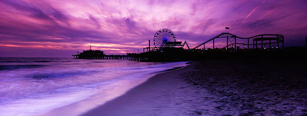 샌타모니카 부두 파노라마, 착색 - southern california beach santa monica pier sunset 뉴스 사진 이미지