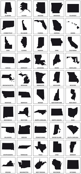 black silhouette maps of 50 us states.