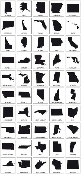 Vector illustration of black silhouette maps of 50 us states