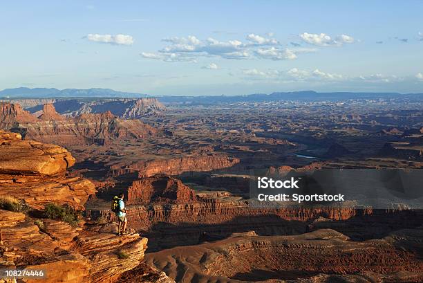 Photo libre de droit de Randonneur Debout Sur Rocky Rebord Admirer Le Paysage Dans Lutah banque d'images et plus d'images libres de droit de Activité de loisirs