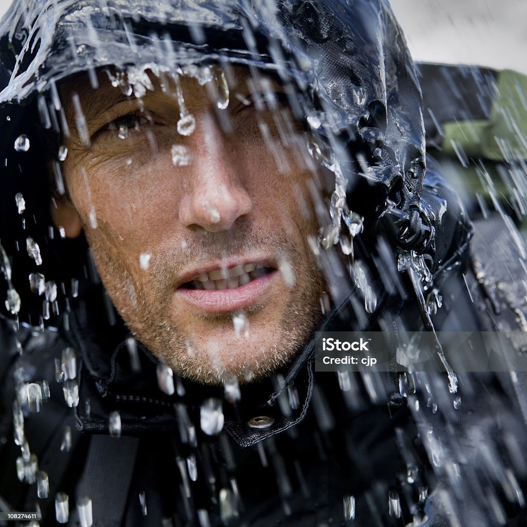 Rain Soaked Hiking Adventurer  Rain Stock Photo