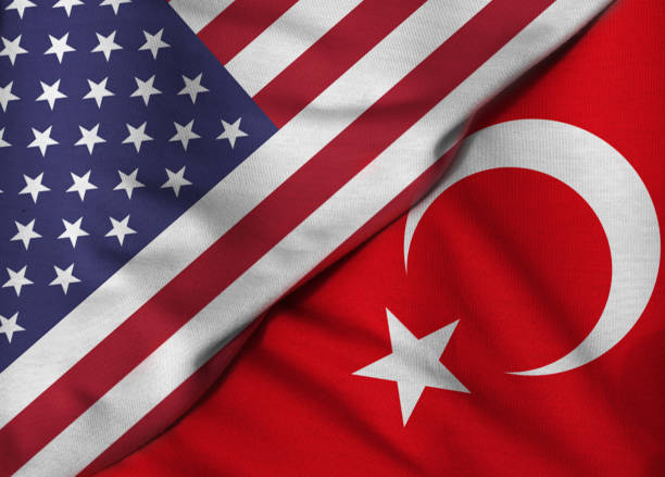 istock Two flags. 3D. United States and Turkey 1082749504