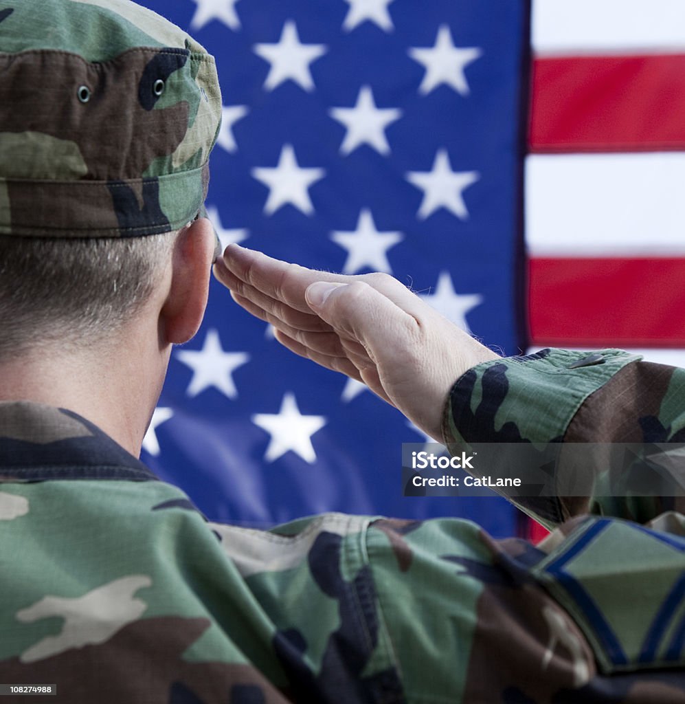 Soldado americano saudando a bandeira - Royalty-free Dia dos Veteranos Foto de stock