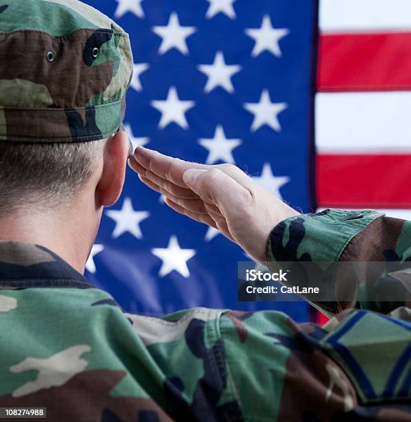 Soldado Americano Saudando A Bandeira - Fotografias de stock e mais imagens de Dia dos Veteranos - Dia dos Veteranos, Saudar, Exército Americano