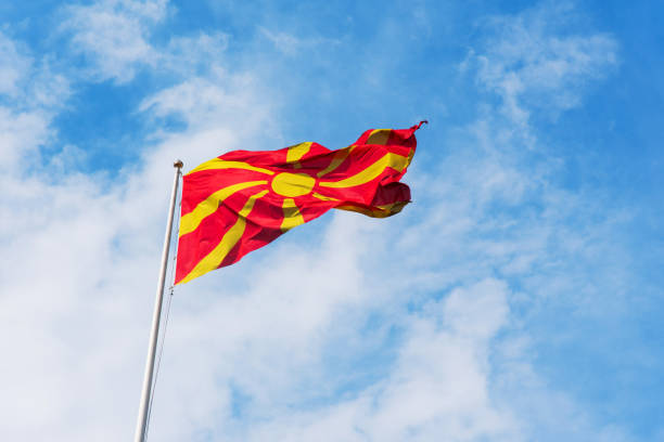 Flag of Macedonia Flag of Macedonia in the air north macedonia stock pictures, royalty-free photos & images