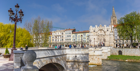 Burgos, Spain - April 24, 2018: Panorama of the Santa Maria bridge in Burgos, Spain