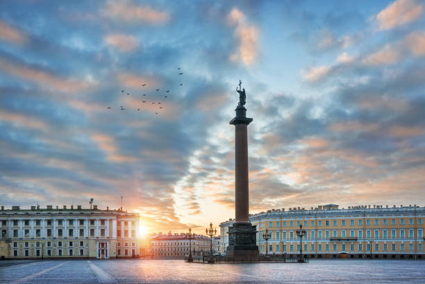 Angel on the Alexander Column on Palace Square in St. Petersburg in the early summer morning