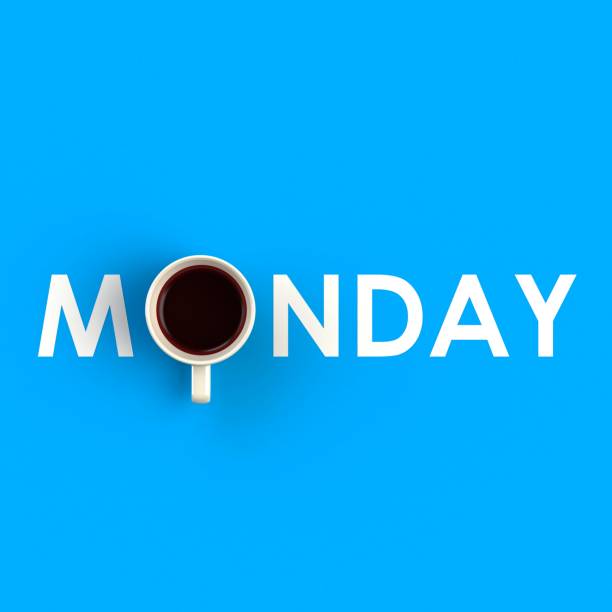 青の背景、コーヒーの概念図では、3 d レンダリングに分離された月曜日の形でコーヒーのカップの上から見る - krung ストックフォトと画像
