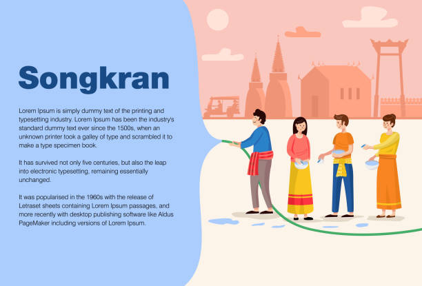 Songkran Festival Banner, Thai New Year's Day. Men and women playing water. ALL OBJECTS ARE GROUPED flat country stock illustrations