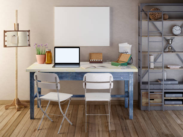 istock Mockup poster blank on the table with biological devices. 1082781338