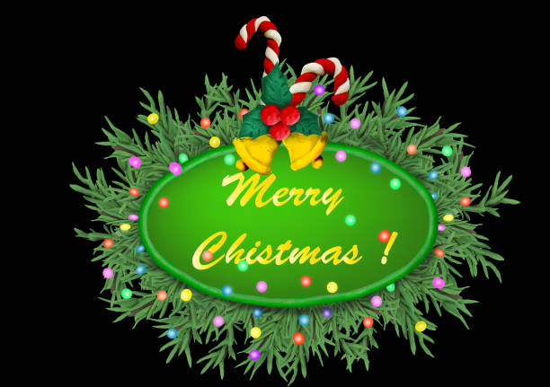 Merry Christmas  text  Christmas 3D pine tree branches wreath with bells banner