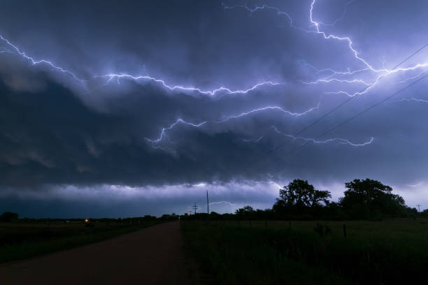 A lightningbolt creeps through the clouds over northeastern Nebraska An active thunderstorm complex moved over Nebraska in the afternoon and evening hours. At the back of this system a lot of these so called `anvil crawlers` could be seen. lightning thunderstorm electricity cloud stock pictures, royalty-free photos & images