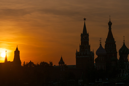 Silhouette of the Moscow Kremlin and St. Vasil Cathedral at sunset, Moscow, Russia