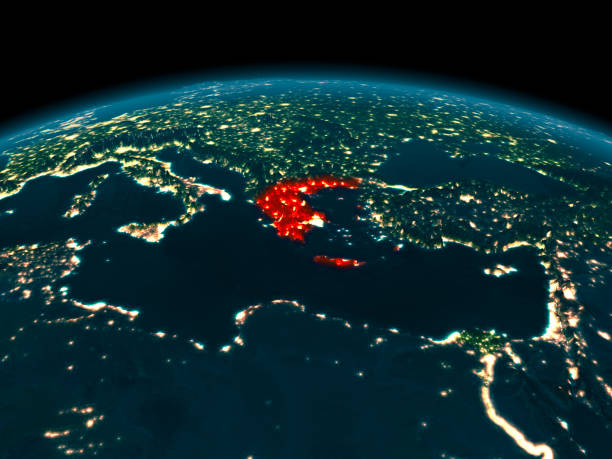 istock Orbit view of Greece at night 1082807410