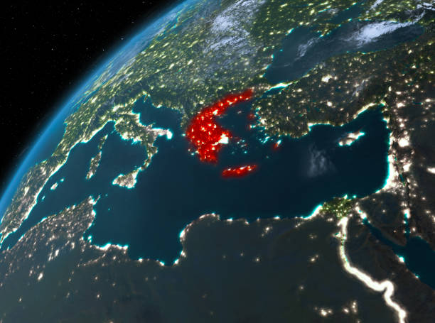 istock Greece on planet Earth in space at night 1082807562