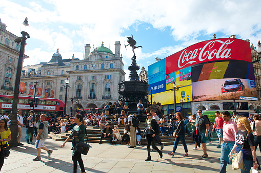 Crowd at Piccadilly Circus,which is a road junction and public space of London's West End,particularly known for its video display,the Circus is a busy meeting place and a tourist attraction.
