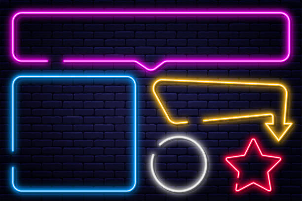 Set of neon signs, arrow, rectangle, square, circle and star. Neon light frame, glowing bulb banner Set of neon signs, arrow, rectangle, square, circle and star. Neon light frame, glowing bulb banner on brick wall background. Vector neon lighting stock illustrations