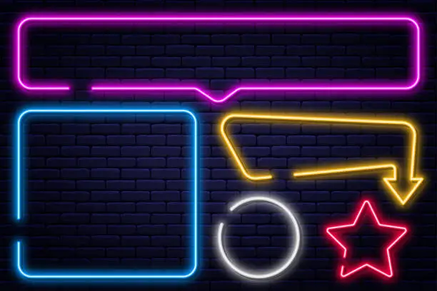 Vector illustration of Set of neon signs, arrow, rectangle, square, circle and star. Neon light frame, glowing bulb banner