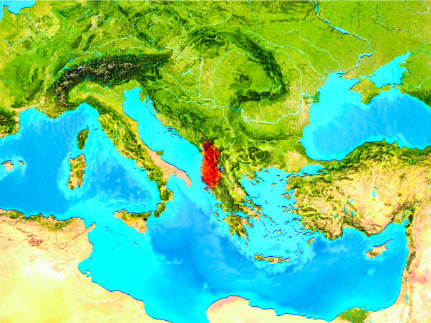istock Albania in red on Earth 1082822878