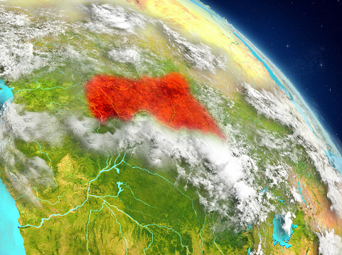 Illustration of Central Africa as seen from Earth's orbit. 3D illustration. Elements of this image furnished by NASA. 3D model of planet created and rendered in Cheetah3D software 25/09/2018. Some layers of planet surface use textures furnished by NASA, Blue Marble collection: http://visibleearth.nasa.gov/view_cat.php?categoryID=1484