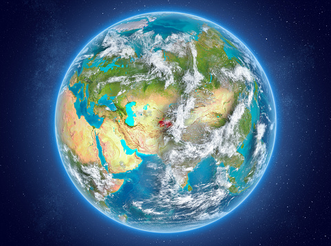 Tajikistan in red on model of planet Earth with clouds and atmosphere in space. 3D illustration. Elements of this image furnished by NASA. 3D model of planet created and rendered in Cheetah3D software 25/09/2018. Some layers of planet surface use textures furnished by NASA, Blue Marble collection: http://visibleearth.nasa.gov/view_cat.php?categoryID=1484