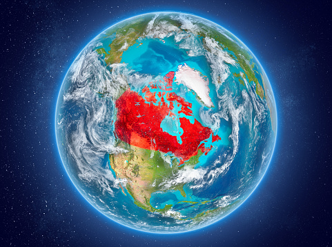 Canada in red on model of planet Earth with clouds and atmosphere in space. 3D illustration. Elements of this image furnished by NASA. 3D model of planet created and rendered in Cheetah3D software 25/09/2018. Some layers of planet surface use textures furnished by NASA, Blue Marble collection: http://visibleearth.nasa.gov/view_cat.php?categoryID=1484