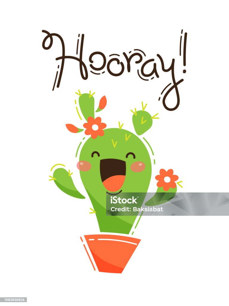 Funny cactus yells Hooray. Vector illustration in cartoon style Funny cactus yells Hooray. Vector illustration in cartoon style. Blossom stock vector