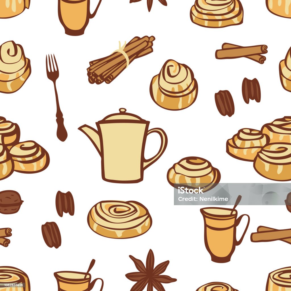 Food collection Cinnamon buns and bakery spices Seamless pattern Food collection Cinnamon buns and bakery spices Seamless pattern set Afternoon Tea stock vector