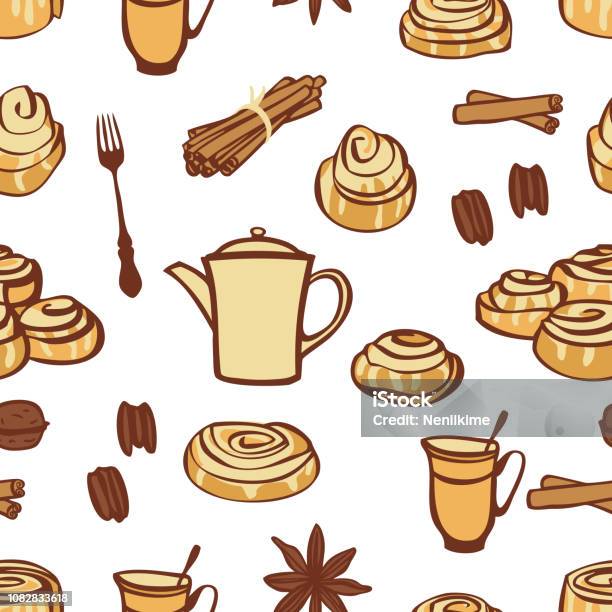 Food Collection Cinnamon Buns And Bakery Spices Seamless Pattern Stock Illustration - Download Image Now