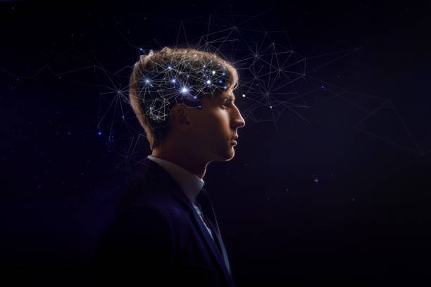 Profile of man with symbol neurons in brain. Thinking like stars, the cosmos inside human Profile of man with symbol neurons in brain. Thinking like stars, the cosmos inside human, background night sky kruis stock pictures, royalty-free photos & images