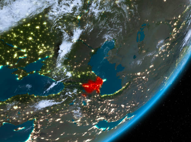 istock Orbit view of Azerbaijan at night 1082838064