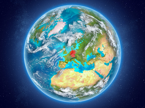 Germany in red on model of planet Earth with clouds and atmosphere in space. 3D illustration. Elements of this image furnished by NASA. 3D model of planet created and rendered in Cheetah3D software 25/09/2018. Some layers of planet surface use textures furnished by NASA, Blue Marble collection: http://visibleearth.nasa.gov/view_cat.php?categoryID=1484