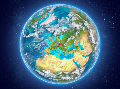Czech republic in red on model of planet Earth with clouds and atmosphere in space. 3D illustration. Elements of this image furnished by NASA. 3D model of planet created and rendered in Cheetah3D software 25/09/2018. Some layers of planet surface use textures furnished by NASA, Blue Marble collection: http://visibleearth.nasa.gov/view_cat.php?categoryID=1484