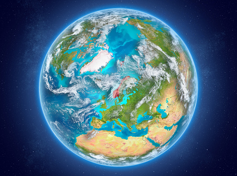 Norway in red on model of planet Earth with clouds and atmosphere in space. 3D illustration. Elements of this image furnished by NASA. 3D model of planet created and rendered in Cheetah3D software 25/09/2018. Some layers of planet surface use textures furnished by NASA, Blue Marble collection: http://visibleearth.nasa.gov/view_cat.php?categoryID=1484