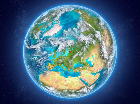 Estonia in red on model of planet Earth with clouds and atmosphere in space. 3D illustration. Elements of this image furnished by NASA. 3D model of planet created and rendered in Cheetah3D software 25/09/2018. Some layers of planet surface use textures furnished by NASA, Blue Marble collection: http://visibleearth.nasa.gov/view_cat.php?categoryID=1484