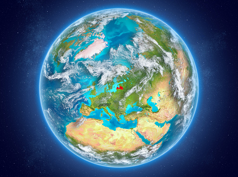Latvia in red on model of planet Earth with clouds and atmosphere in space. 3D illustration. Elements of this image furnished by NASA. 3D model of planet created and rendered in Cheetah3D software 25/09/2018. Some layers of planet surface use textures furnished by NASA, Blue Marble collection: http://visibleearth.nasa.gov/view_cat.php?categoryID=1484