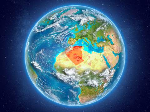 Algeria in red on model of planet Earth with clouds and atmosphere in space. 3D illustration. Elements of this image furnished by NASA. 3D model of planet created and rendered in Cheetah3D software 25/09/2018. Some layers of planet surface use textures furnished by NASA, Blue Marble collection: http://visibleearth.nasa.gov/view_cat.php?categoryID=1484