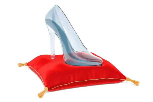 Cinderella crystal high heel, glass slipper on the red velvet pillow, 3D rendering isolated on white background